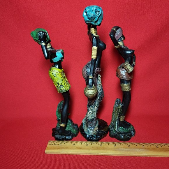 Vintage African Tribal Lady Woman Resin Figure Sculpture Decor Set of 3 - Picture 8 of 12